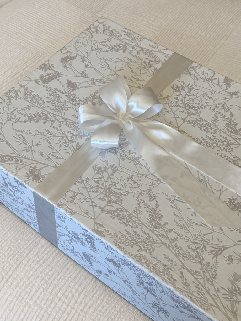 Finished handmade WedBox with silver floral pattern and ivory ribbon bow